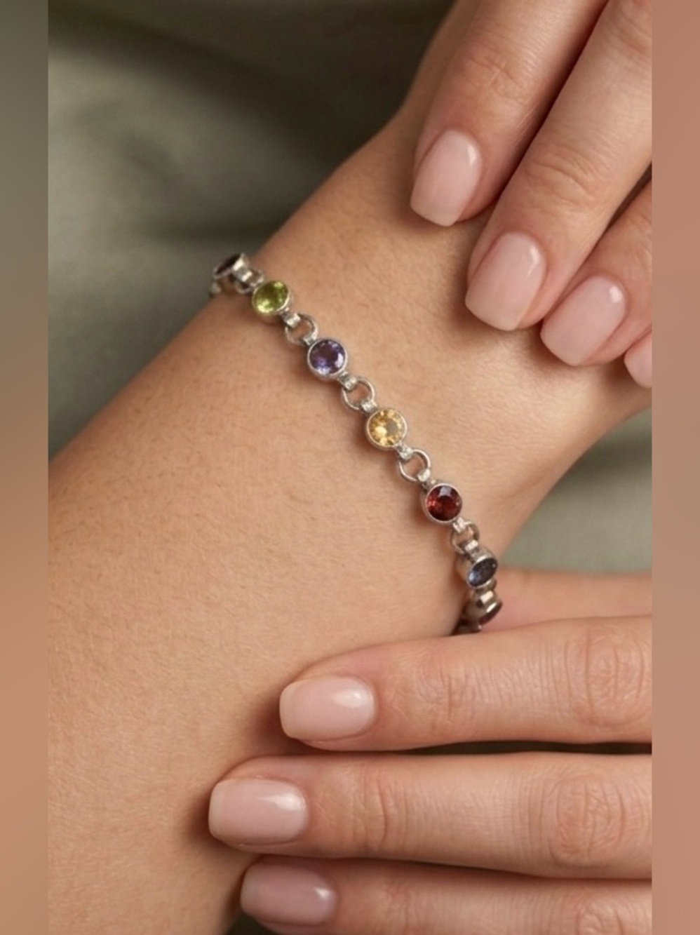 Sterling Silver Amethyst Topaz Multi Gemstone Link Tennis Bracelet 7" to 7.75"